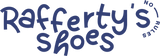 Playful blue logo for Rafferty’s Shoes, a kids barefoot shoes brand, featuring hand-drawn typography and a "No Rules" circular emblem.