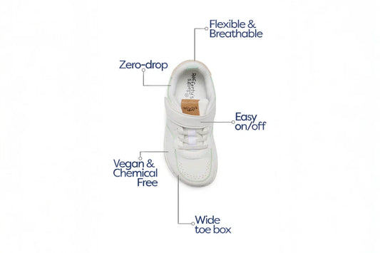 Rafferty’s Barefoot 1 kids shoe shown from above with callouts for zero drop, wide toe box, flexible breathable upper, easy on off strap, and vegan chemical free materials.
