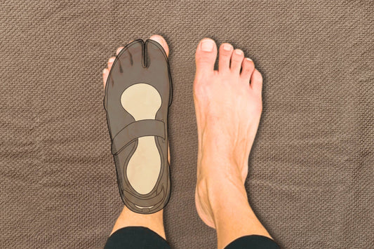 Top-down view illustrating the restrictive design of a split-toe shoe outline on the left foot, demonstrating a lack of natural toe space compared to the bare right foot.