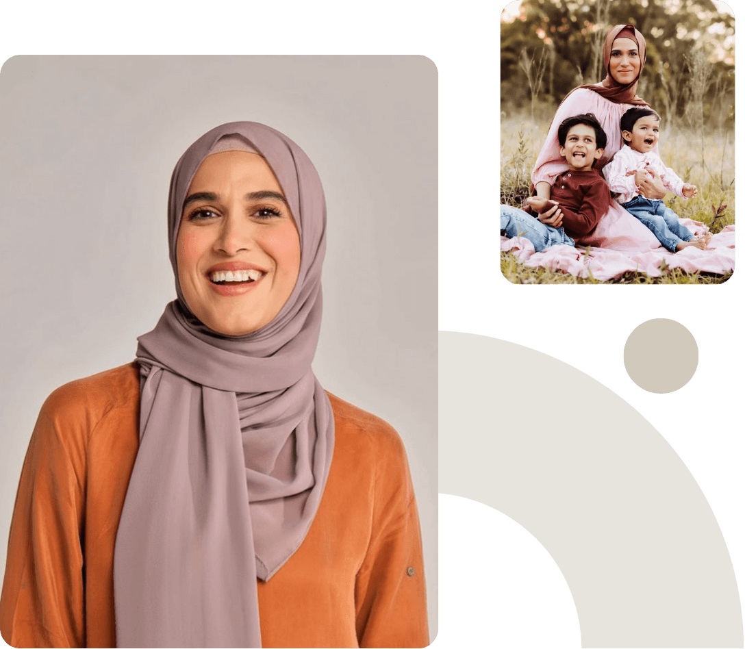 Portrait of Shabnam, founder of Rafferty’s Shoes, with a smaller family photo of her and her two children for the Our Story section.